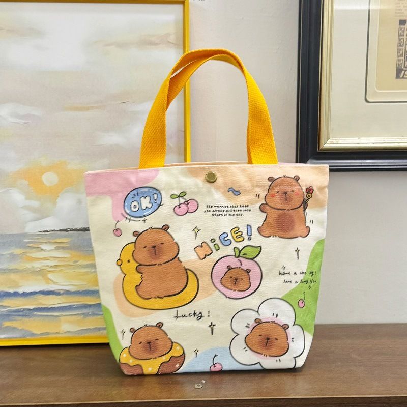 Canvas Bucket Bag For Women, Birthday Lunch Small Handheld Cute Portable Tote Bag, Capybara_voghion.com