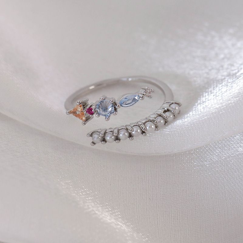 Fashion New Simple All-match Ring Ring Pearl Flower Zircon Irregular Opening Design Adjustable Ring_voghion.com