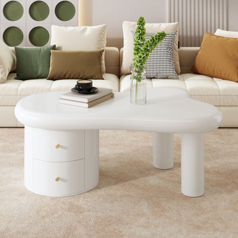 Table basse blanche moderne de forme irrégulière avec 2 tiroirs, design compact et élégant, robuste et pratique pour le salon et une utilisation polyvalente._voghion.com