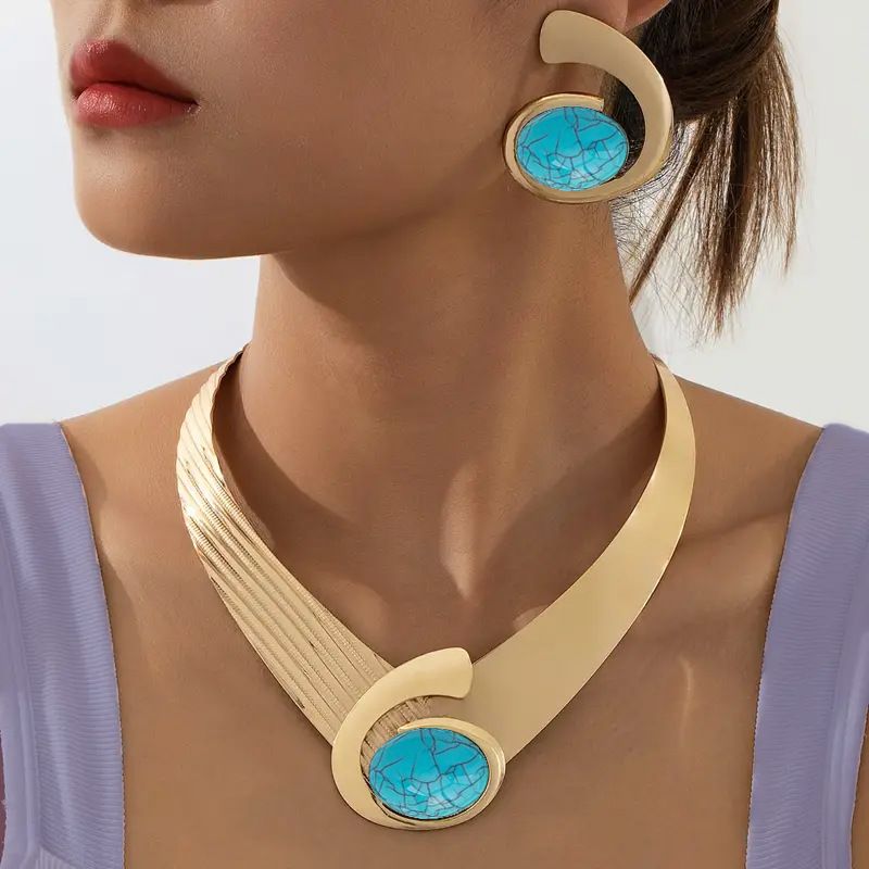 1 Of Charming Elegant Inlaid Acrylic Earrings And Necklace Set With Exaggerated Design_voghion.com