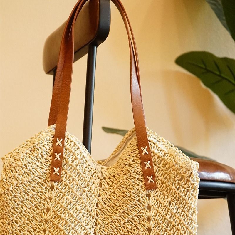 Borsa a mano da donna in paglia intrecciata fatta a mano, stile Forest, nuova borsa da spiaggia cava, borsa a tracolla da donna_voghion.com
