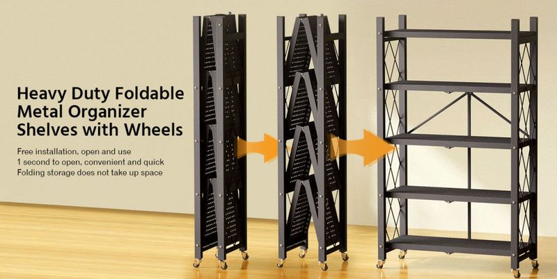 Joybos® 5 Tier Black Heavy Duty Foldable Metal Organizer Shelves with Wheels_voghion.com