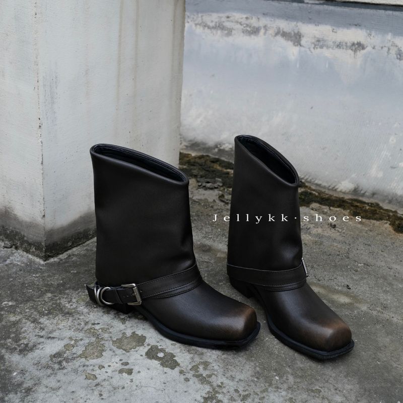 Cowhide Version ~ Punk Street Style Distressed Martin For Women 2024 Square Toe Vintage Metal Western Boots_voghion.com
