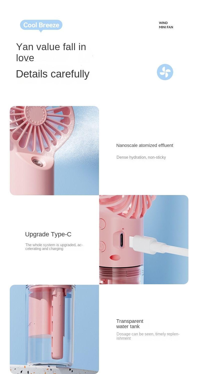 Mini Handheld USB Rechargeable Portable Misting Fan With 4 Adjustable Speed Spray Water Mist For Outdoor Camping And Traveling_voghion.com