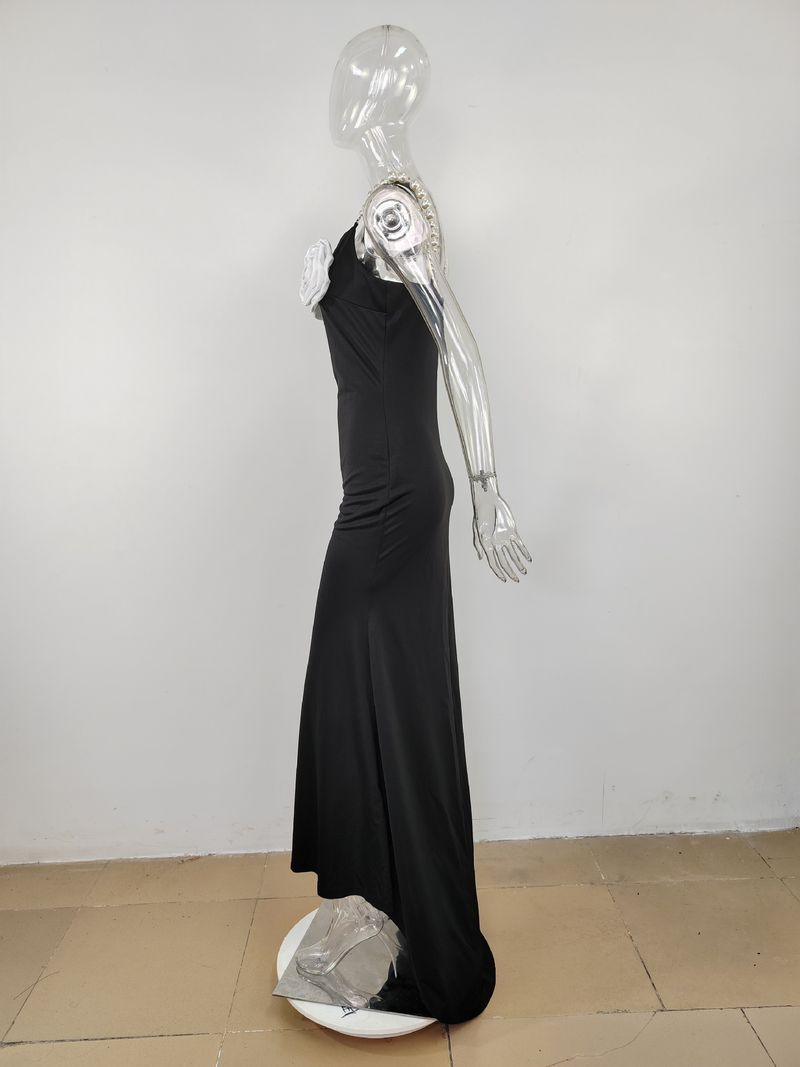 "Haute Couture Floral Beaded Strapless Gown – Elegant Black Evening Dress With Detachable Train_voghion.com