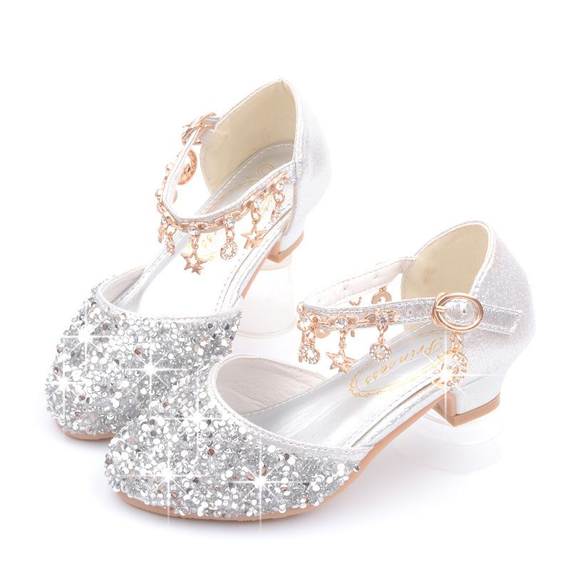 Sapatos infantis estilo coreano Novos saltos altos para meninas Lantejoulas Primavera e Outono Sapatos de princesa para crianças médias e grandes Sapatos de desempenho para estudantes Biqueira_voghion.com