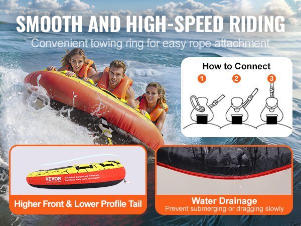VEVOR Towable Tube For Boating, 1-3 Riders Inflatable Boat Tubes And Towables, 510 Lbs, 63" Round Water Sport Towable Tubes For Boats To Pull, Full Nylon Cover, EVA Grab Handles And Speed Safety Valve_voghion.com