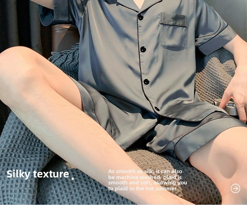 Men's Summer Ice Silk Short Sleeved Shorts Thin Sleepwear Simple Casual Ice Silk Youth Home Suit Set_voghion.com