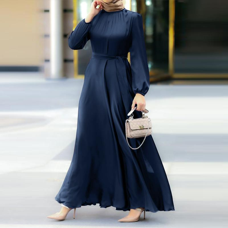 Ženska muslimanska stilska okrogla izrezna obleka z dolgimi rokavi in pasom za hujšanje, modna elegantna halja, ohlapna obleka_voghion.com