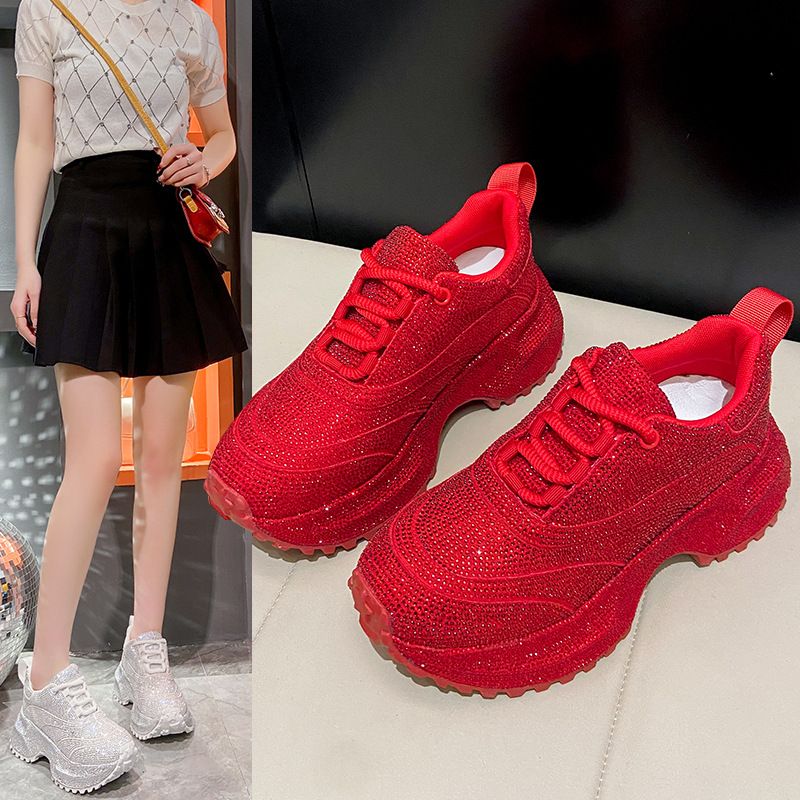 Modische Damen-Sneaker mit Strasssteinen – klobige Plateauschuhe für mehr Körpergröße, atmungsaktives Obermaterial aus PU, lässige und trendige Low-Top-Schnürschuhe_voghion.com