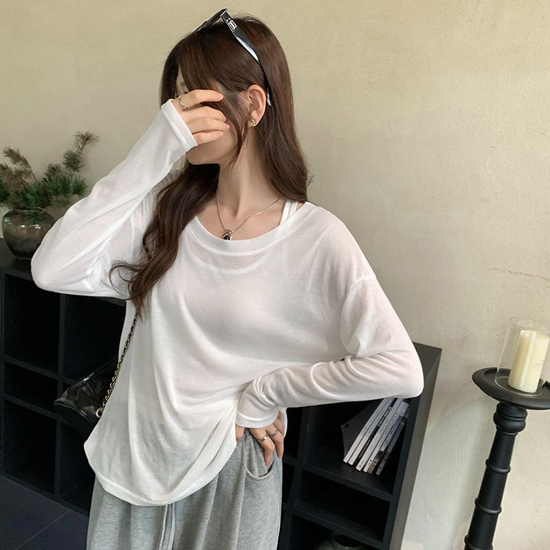 Lazy Relaxed Dünne Ärmellose Weste Langarm T-Shirt Zweiteiliges Set Für Frauen 2025 Frühen Herbst Neue Sonnenschutz_voghion.com