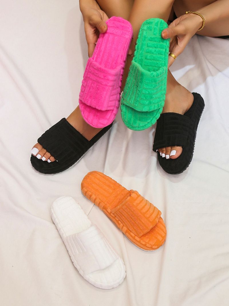 Women's one word thick bottom solid color towel fabric woolly slippers_voghion.com