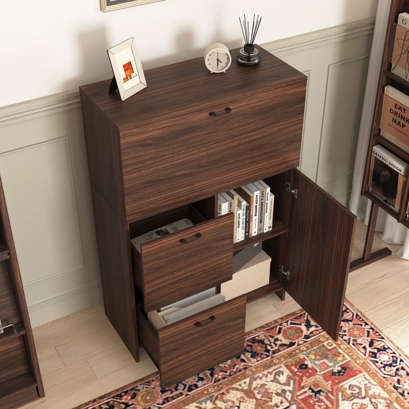 Bar Cabinet With Storage Drawer & Shelves, Fold-up Desktop, Ideal For Home,Dormitory, Small Spaces_voghion.com