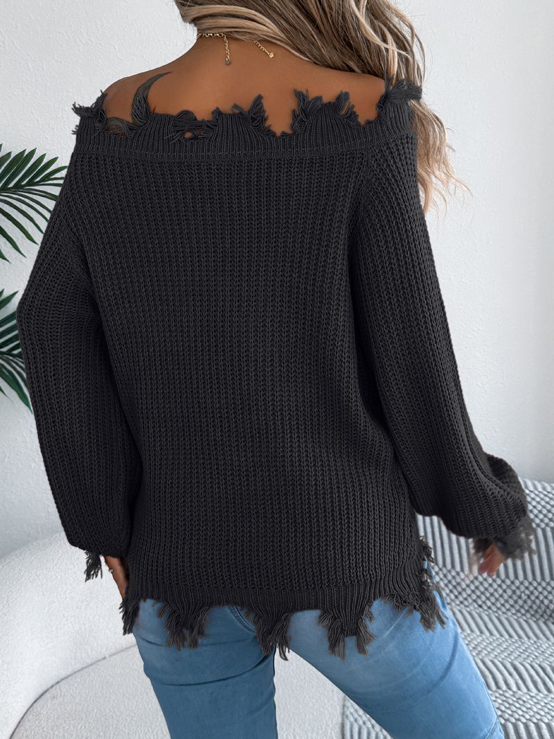 Solid Color Hollow Long-sleeved Cut Off-the-shoulder Pullover Sweater, Women's Clothing_voghion.com