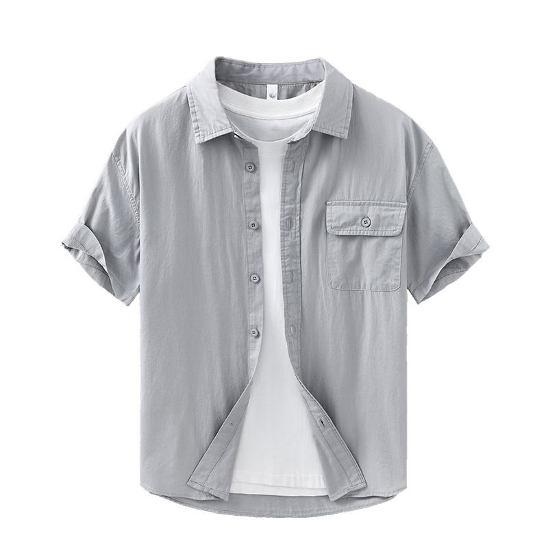 Camicia a maniche corte da uomo, estiva, tinta unita, con risvolto, casual, in puro cotone, sottile, versatile, vestibilità ampia_voghion.com