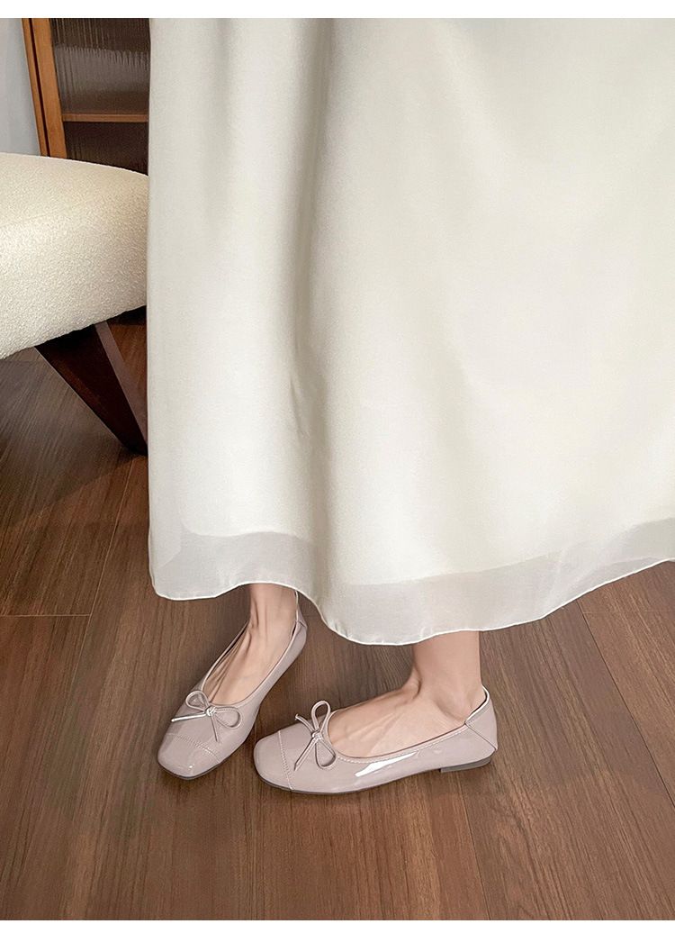 Square Head Bow Ballet Single Shoes Women's Flat-soled Laden Shoes French One-pedal Beanie Shoes_voghion.com