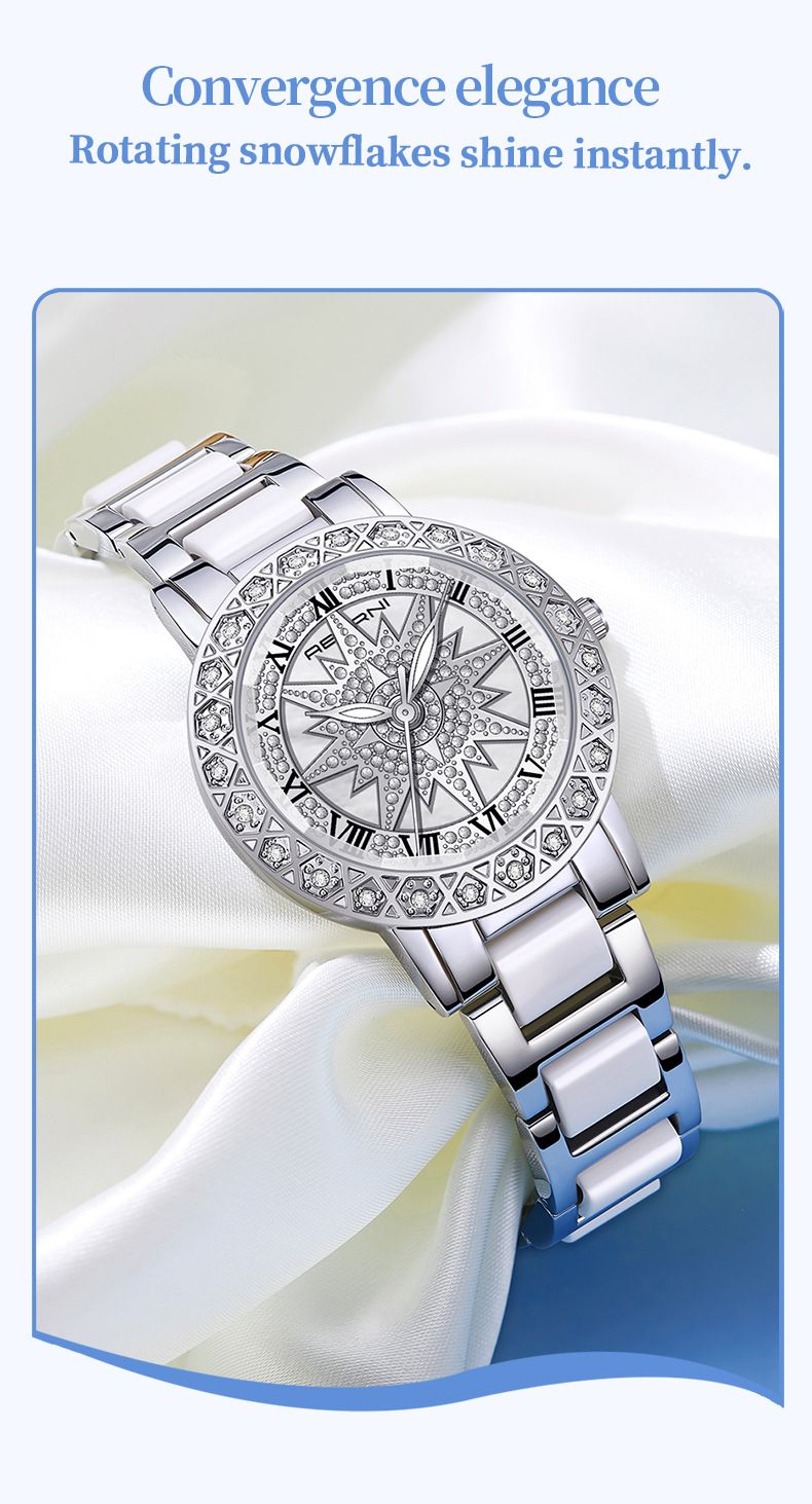 Modische Damenuhr mit Strasssteinen, Keramiklünette und wasserdicht – Elegante Quarzarmbanduhr für Damen, Edelstahlarmband, Mineralglas_voghion.com
