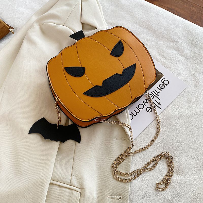 Borsa a tracolla con zucca glitterata a tema Halloween per donna - Borsa a tracolla in PU riflettente retrò con tasche con cerniera, accessorio alla moda e divertente_voghion.com