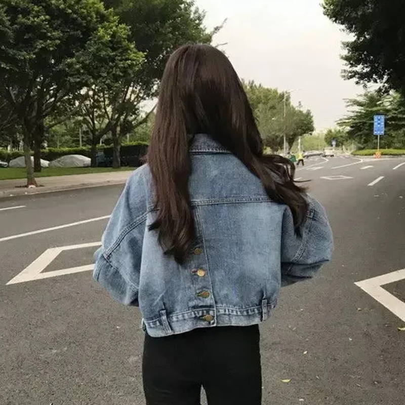 Xpqbb Chaqueta vaquera recortada para mujer, moda coreana, chaqueta bomber con botones divididos en la espalda, chaqueta vaquera de manga larga con solapa para mujer_voghion.com