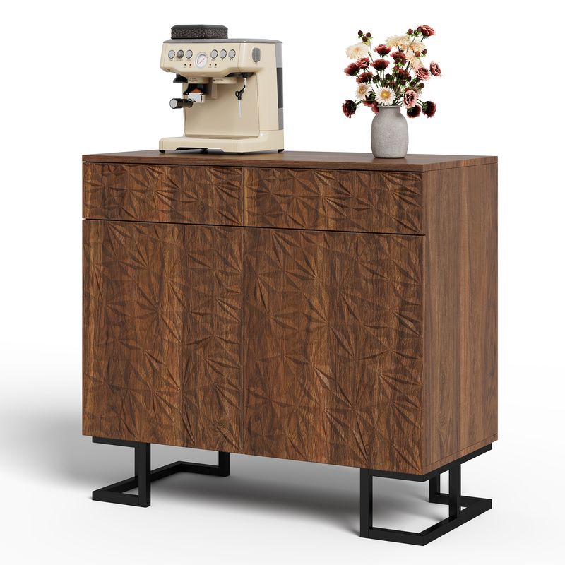 Credenza Kommode 80x78cm Walnussoptik Mit Blattrelief, 2 Schubladen & 2 Türen, Metallbeine_voghion.com