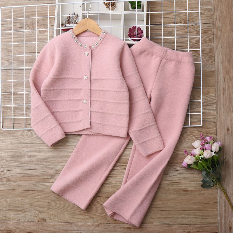 Mother & Kids Knit Sweater And Pants Set - Soft Long Sleeve Two-Piece Outfit For Toddler Little Girls Elegant Letter Print Comfortable Polyester Blend_voghion.com