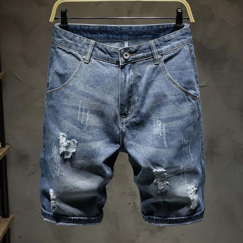 T Multi Pocket Workwear Denim Shorts Trendy Brand Loose Straight Leg Five Quarter Men's Summer Thin Cut Ripped Pants_voghion.com