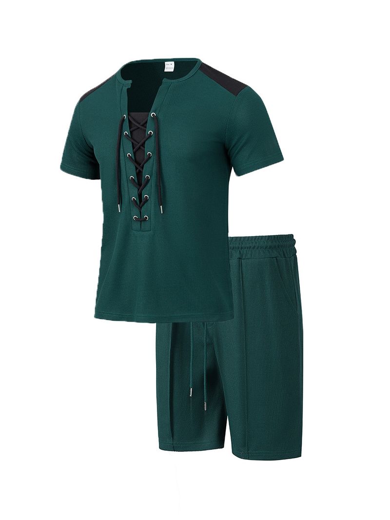 Ensemble décontracté 2 pièces pour homme : short à cordon et t-shirt à col rond | Tenue d'été à manches courtes_voghion.com