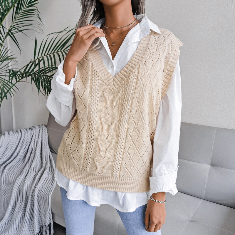 Pull tricoté à col en v pour femme, vêtement style Ins, ajouré et torsadé, collection automne et hiver 2023_voghion.com