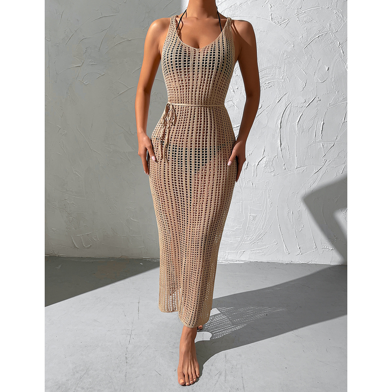 Abito da spiaggia in maglia con scollo a V e schiena scoperta per le donne_voghion.com