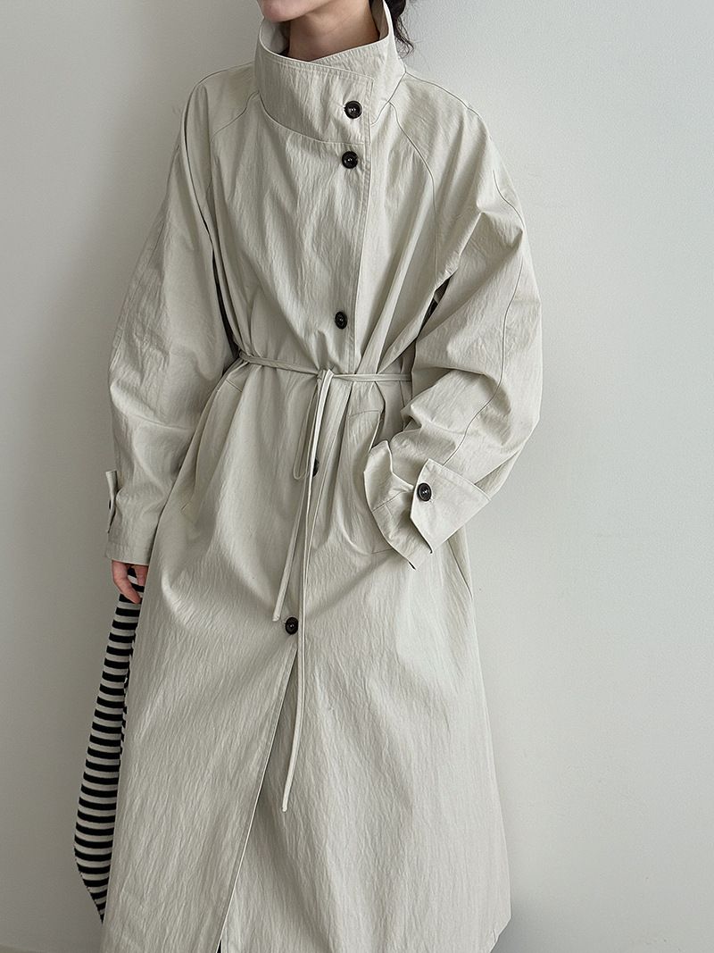 Minimalist British Style Trench Coat For Women, Long Sleeve Belted Duster Coat, Oversized Lapel Casual Overcoat In Beige & Denim Black_voghion.com