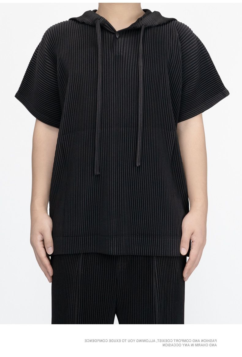 Sanzhai Pleated Spring/Summer Sweater Hooded Short sleeved Top Coat Breathable Drawstring Casual Men's Wear_voghion.com