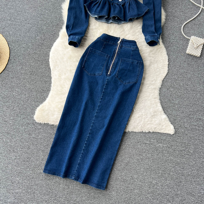 Women's Lace Doll Collar Denim Jacket + Medium-length Hip Skirt Two-piece Suit_voghion.com