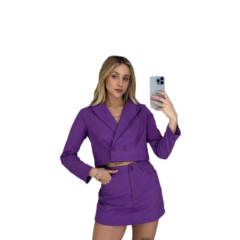 Ensemble deux pièces jupe et pantalon à poches ultra courtes et à manches longues pour petit costume décontracté à la mode 2025_voghion.com