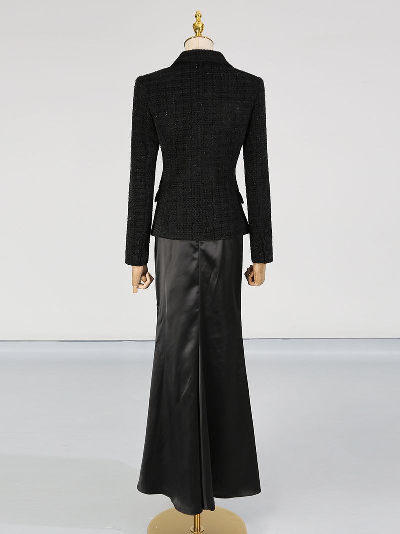 Conjunto elegante de duas peças com inspiração francesa - Blazer slim fit de manga comprida e vestido com fecho de um botão, roupa feminina para escritório e noite (preto, P/M/G)_voghion.com