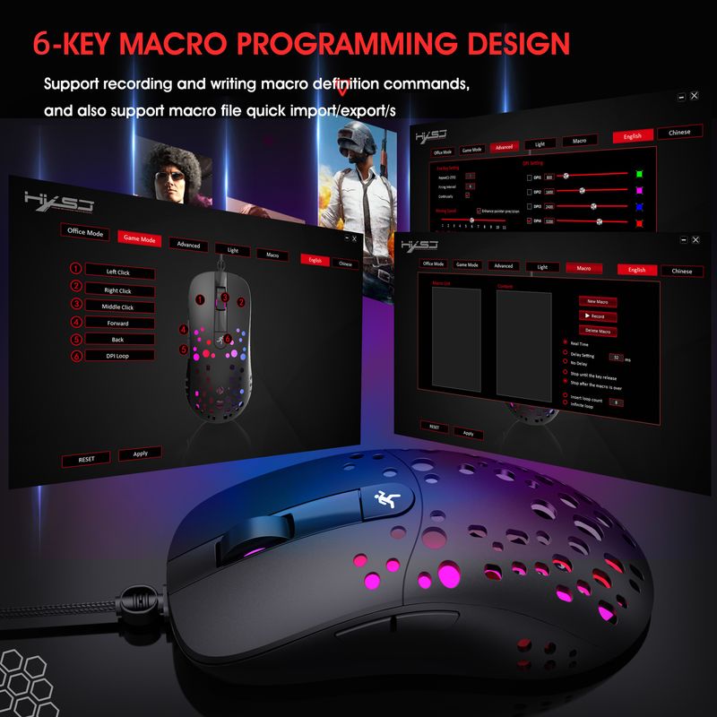Lach RGB Glow Makro Programméierung Spillmaus 6-Knäppercher fir Luuchten auszeschalten Verschidde verkabelt Mausen_voghion.com