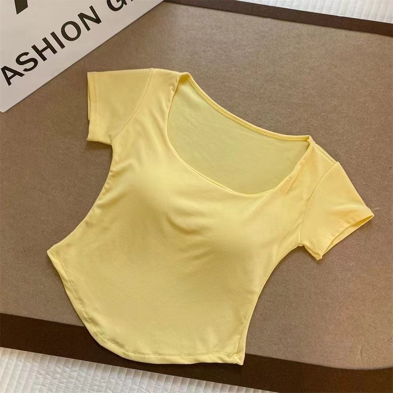 Intimo da donna in cotone a maniche corte, stile semplice con imbottitura sul petto, maglietta corta a maniche corte da ragazza calda, top estivi versatili di nicchia_voghion.com