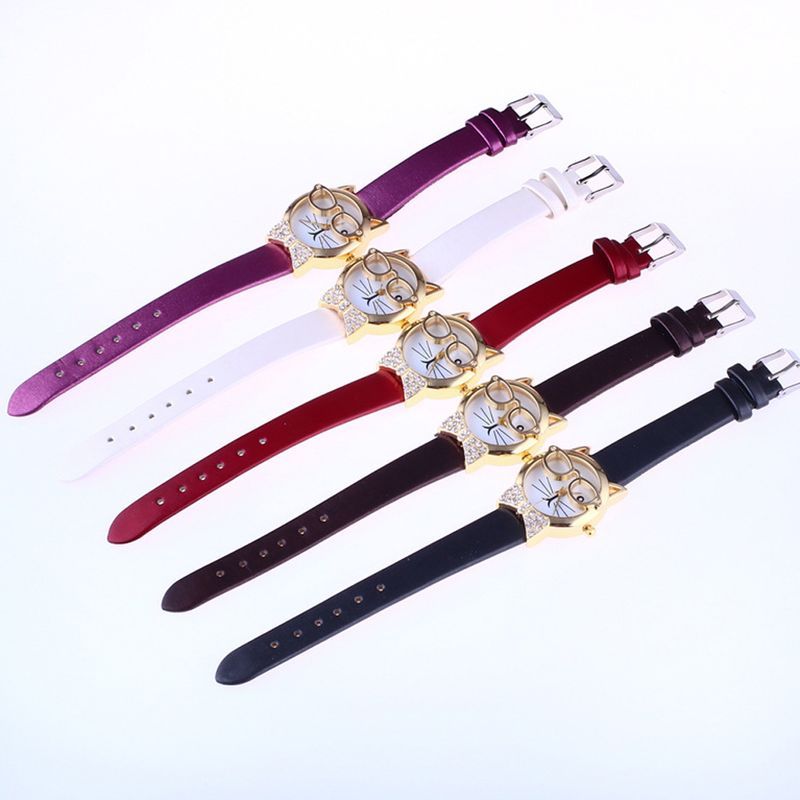 Yamaler Cute Cat Face Rund Skift Rhinestone Kunstlæder Kvinder Analog Quartz Armbåndsur_voghion.com
