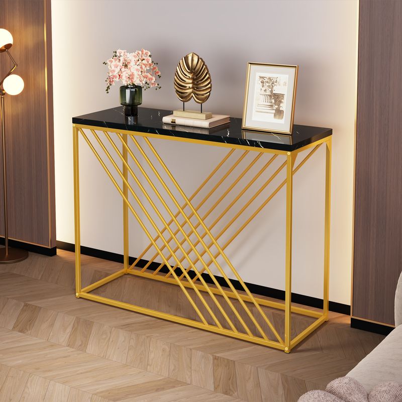 Console noire avec pieds dorés, 100 x 35 x 77 cm, table d'entrée en MDF brillant, table de couloir, buffet, table d'appoint, style vintage_voghion.com