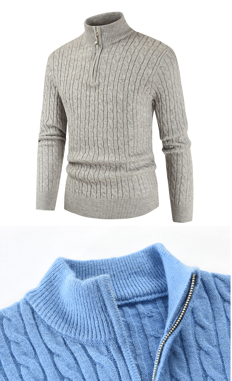 Pulover casual răsucit cu guler înalt și fermoar pentru bărbați_voghion.com