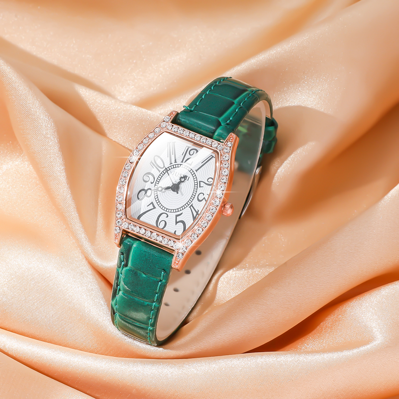 5pcs/set2024 Simple and stylish diamond digital surface red leather belt watch jewelry set_voghion.com