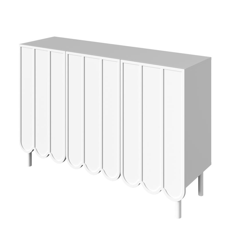 Buffet blanc moderne avec portes ondulées, 120 x 35 x 80 cm, design sans poignées, étagères réglables, meuble de rangement pour salon, couloir et salle à manger._voghion.com