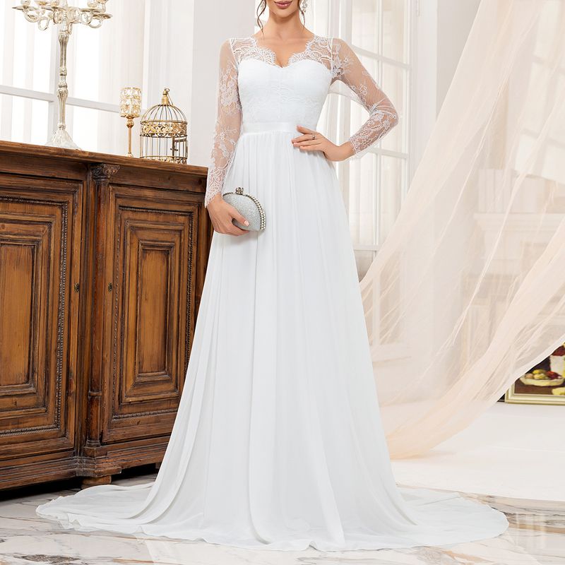 Elegantes Spitzen-Brautkleid, langes Abendkleid mit V-Ausschnitt für Bräute und formelle Anlässe_voghion.com