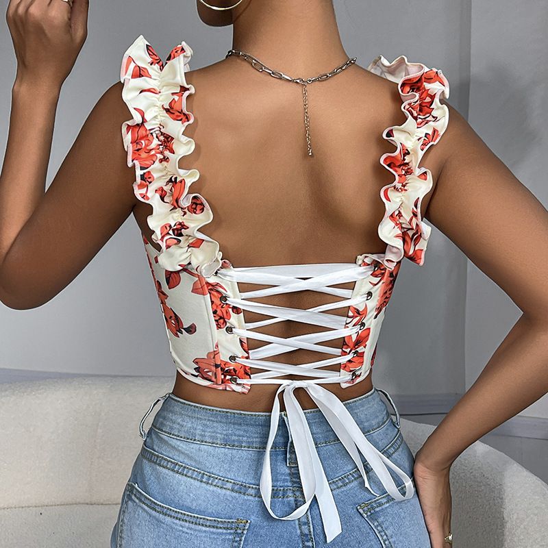 Sweet New V neck Sexy Print Design with Chest Pad Fishbone Slimming Back Strap Top_voghion.com