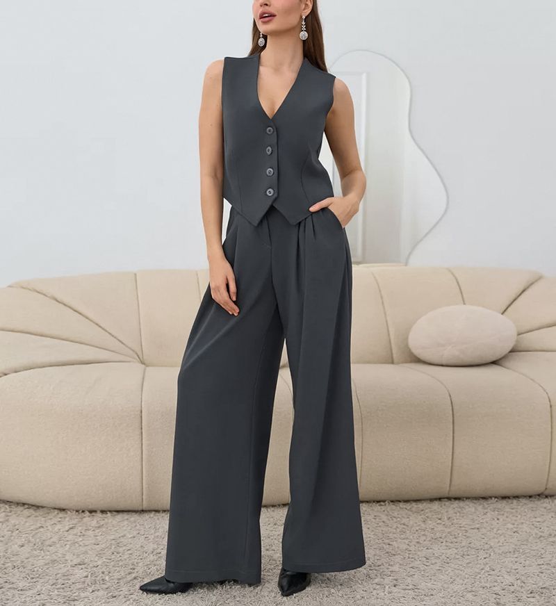 Summer Women's Sleeveless Vest & Pants Set – Office Commuter Outfit, Breathable Polyester Blend, Grey & Brown_voghion.com