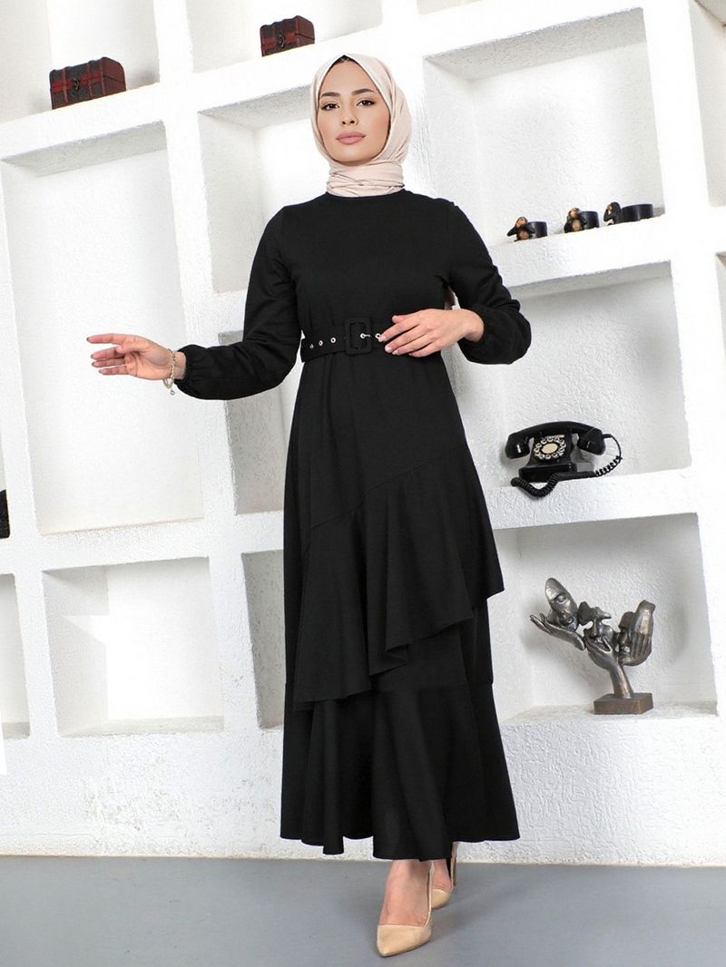 Schlichtes muslimisches Kleid mit langem Rock – Doppellagige Rüschentaille, einfarbig gestrickt (Dunkelgrün/Schwarz, S-XL)_voghion.com