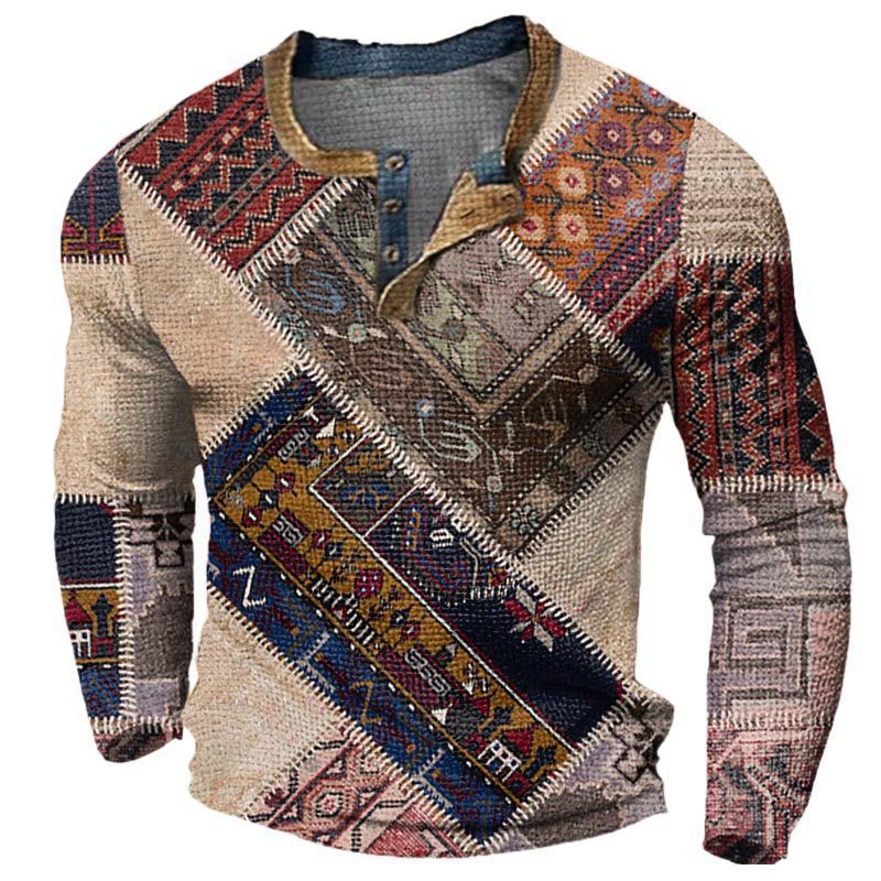 Sweat-shirt Henley à manches longues et trois boutons pour homme, imprimé tête 3D_voghion.com