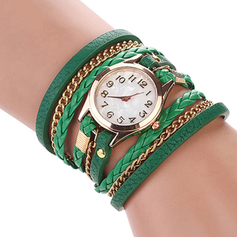 Yamaler Damen-Armbanduhr, lässig, Vintage-Stil, geflochten, mehrschichtig, Kunstlederarmband_voghion.com