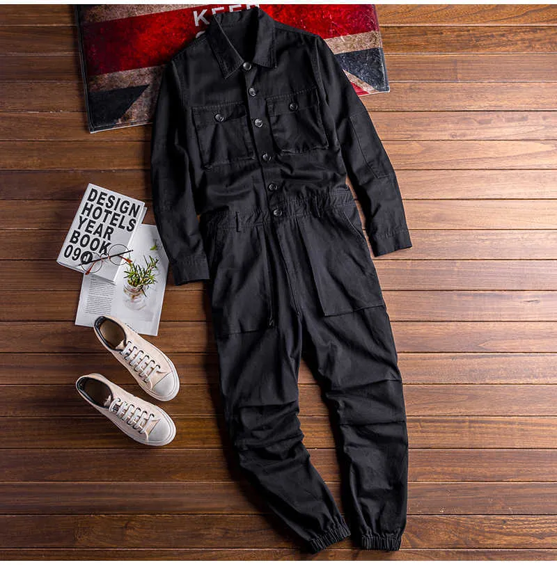 Jeans Erkek uzun kollu cepler kargo jogger tulumlar Günlük tulumlar Tulumlar Come pantolon Siyah Ordu yeşili Haki_voghion.com