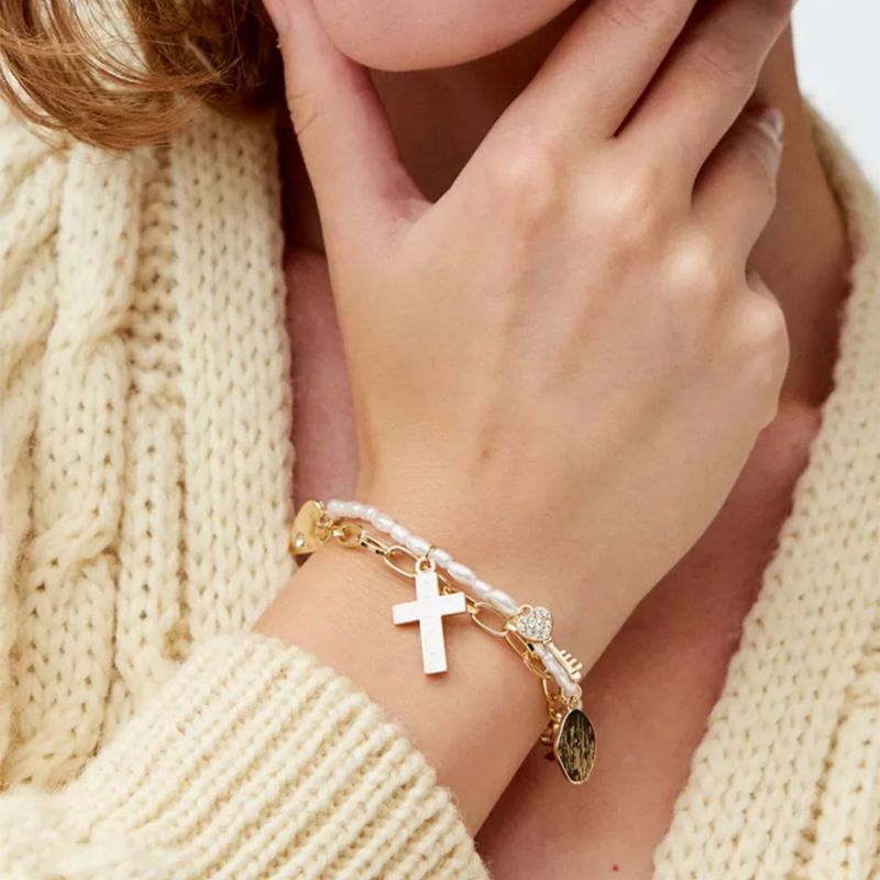 Collana a catena con ciondolo, design impilabile, perla, moda, croce, cuore, fiocco, chiave, stella, braccialetto_voghion.com