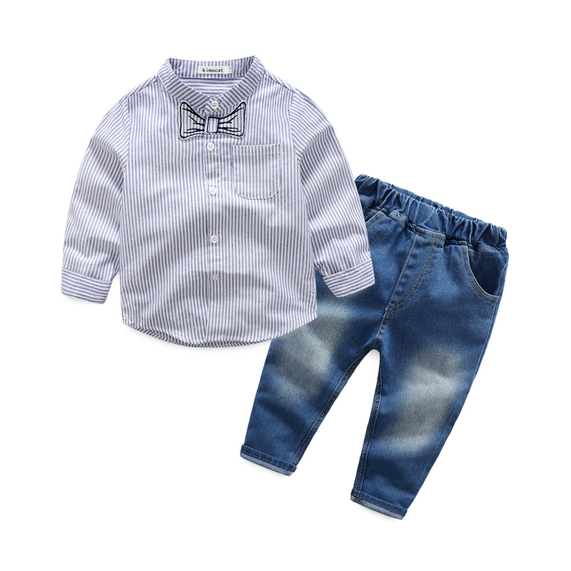 Abbigliamento per bambini Ragazzi Abito da gentiluomo Camicia a maniche lunghe a righe per bambini Jeans casual Set da due pezzi_voghion.com